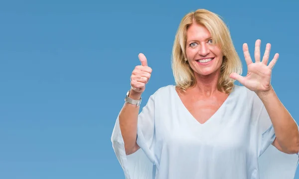 Middle Age Blonde Business Woman Isolated Background Showing Pointing Fingers — Stock Photo, Image