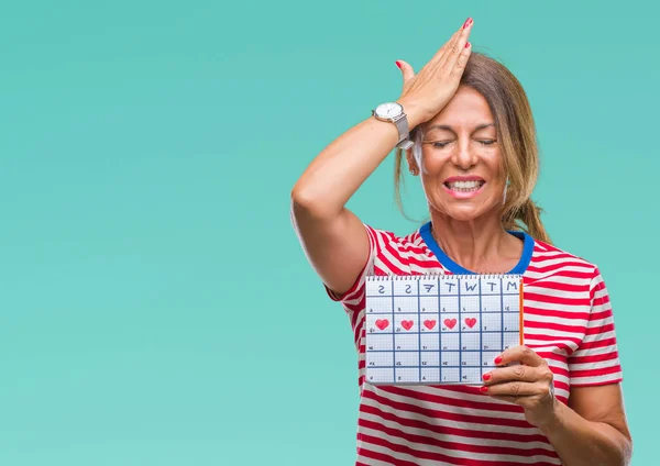 Mujer Hispana Mediana Edad Que Sostiene Calendario Menstruación Sobre Fondo —  Fotos de Stock