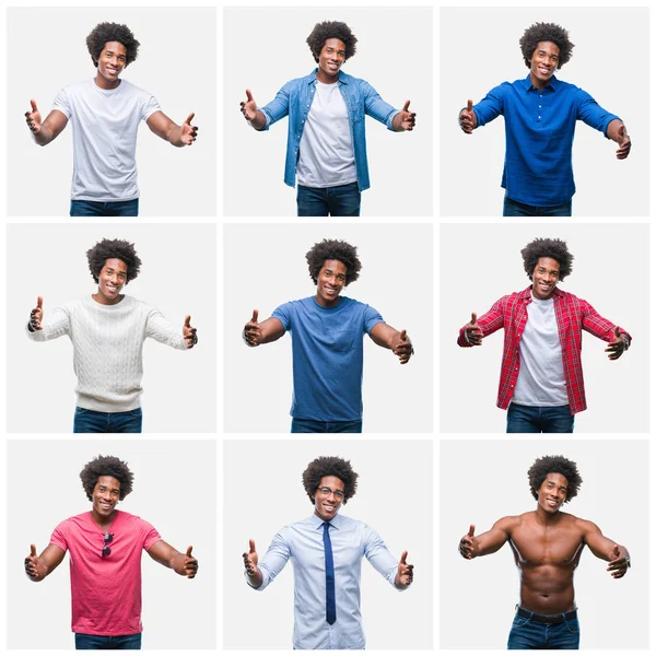 Collage Giovane Afroamericano Sfondo Isolato Che Guarda Telecamera Sorridente Braccia — Foto Stock