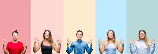 Collage Von Jungen Schönen Frau Über Bunten Streifen Isoliert Hintergrund — Stockfoto