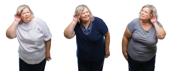Collage Mujer Gorda Mayor Sobre Fondo Aislado Sonriendo Con Mano —  Fotos de Stock