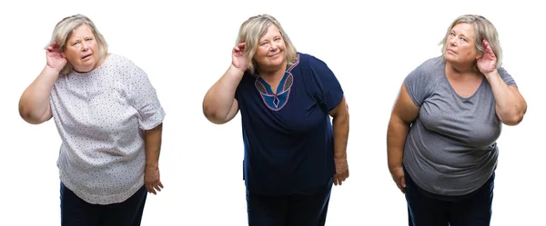 Colagem Mulher Gorda Sênior Sobre Fundo Isolado Sorrindo Com Mão — Fotografia de Stock