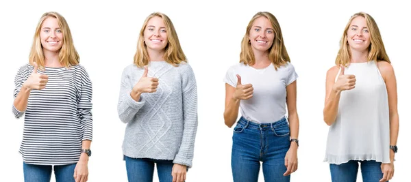 Colagem Bela Mulher Loira Sobre Fundo Isolado Branco Fazendo Polegares — Fotografia de Stock