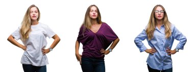 Genç güzel sarışın kadının seksi bir ifadeyle, neşeli ve mutlu yüzünü kameraya bakarak göz kırpıyor izole arka plan üzerine kolaj.