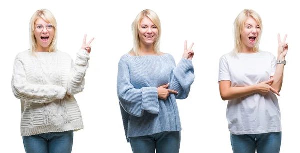 Colagem Bela Mulher Loira Vestindo Camisola Inverno Sobre Fundo Isolado — Fotografia de Stock