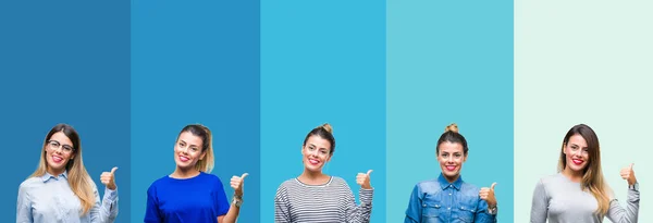 Colagem Jovem Mulher Bonita Sobre Listras Azuis Isolado Fundo Sorrindo — Fotografia de Stock