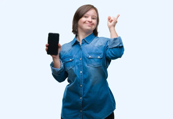 Young Adult Woman Syndrome Showing Smartphone Screen Isolated Background Very — Stock Photo, Image