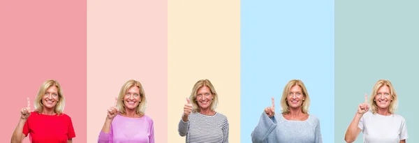 Collage Van Middelbare Leeftijd Senior Mooie Vrouw Kleurrijke Strepen Geïsoleerd — Stockfoto