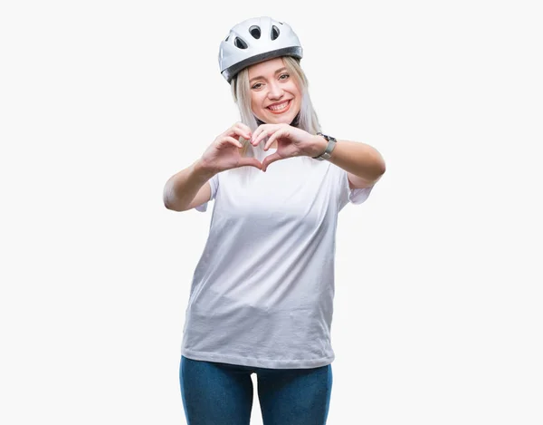 Jovem Loira Vestindo Capacete Segurança Ciclista Sobre Fundo Isolado Sorrindo — Fotografia de Stock