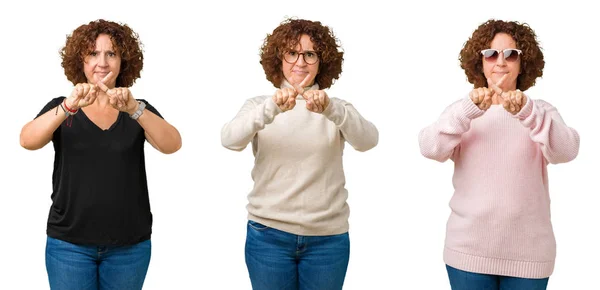 負の符号を行う分離白地拒絶反応式交差指以上中年年配の女性のコラージュ — ストック写真
