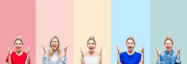 Collage Vacker Blond Kvinna Över Färgglada Ränder Isolerade Bakgrund Galen — Stockfoto