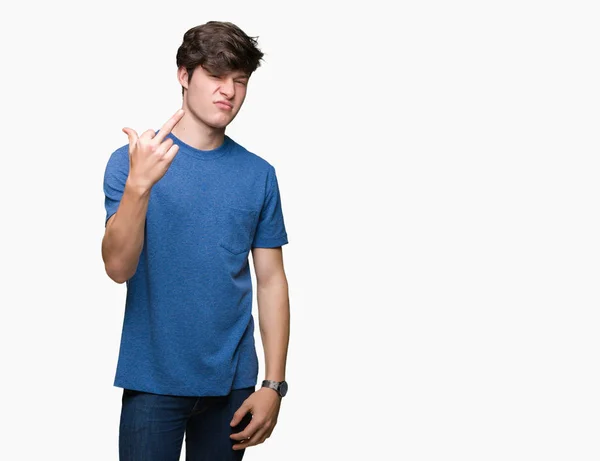 Joven Hombre Guapo Vistiendo Camiseta Azul Sobre Fondo Aislado Mostrando — Foto de Stock