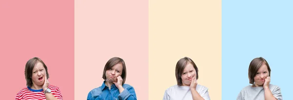 Collage Einer Frau Mit Syndrom Über Bunten Streifen Mit Isoliertem — Stockfoto