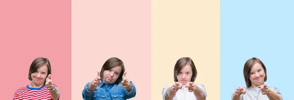 Collage Van Syndroom Vrouw Geïsoleerde Achtergrond Kleurrijke Strepen Wijzen Vingers — Stockfoto