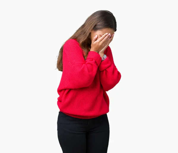 Mujer Morena Hermosa Joven Vistiendo Suéter Rojo Invierno Sobre Fondo —  Fotos de Stock