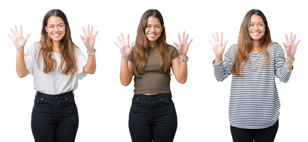 Коллаж Красивой Молодой Женщины Изолированном Фоне Показывая Указывая Пальцами Номер — стоковое фото