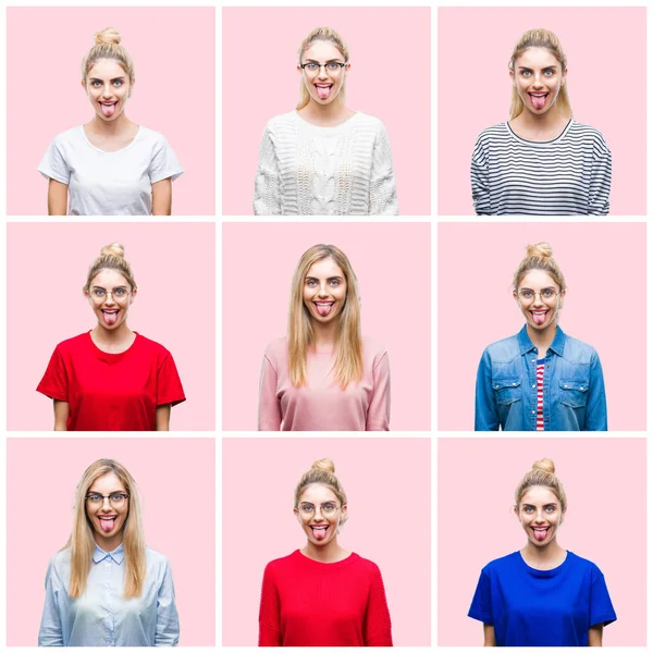 Collage Unga Vackra Blonda Kvinnan Över Rosa Isolerade Bakgrund Fast — Stockfoto