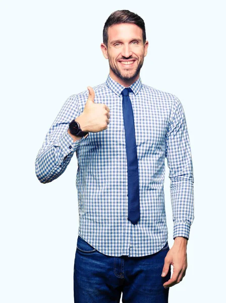 Jóképű Üzletember Visel Nyakkendő Boldog Remek Gesztus Kézzel Csinál Nézi — Stock Fotó