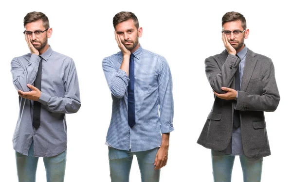 Collage Eines Jungen Hispanischen Geschäftsmannes Mit Isoliertem Hintergrund Der Müde — Stockfoto