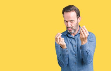 Yakışıklı orta yaş zarif komuta sizde izole arka plan yapıyor para üzerinden maaş ödeme için milyoner iş isteyen el ile jest