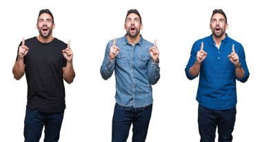 Kolaj yakışıklı beyaz izole zemin üzerinde bir hayran ve yukarıya bakıyor ve parmakları ile işaret ve silah kaldırdı şaşırttı.