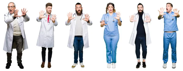 Colagem Grupo Médicos Cirurgiões Pessoas Sobre Fundo Isolado Branco Medo — Fotografia de Stock