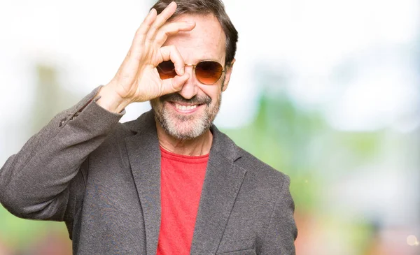 Middle Age Handsome Business Man Wearing Sunglasses Doing Gesture Hand — Stock Photo, Image