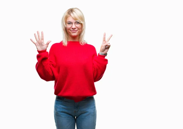 Young Beautiful Blonde Woman Wearing Sweater Glasses Isolated Background Showing — Stock Photo, Image