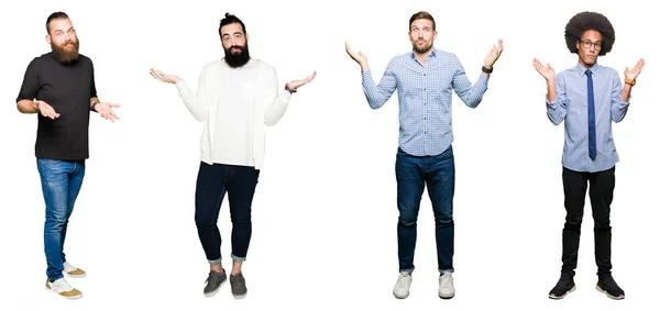 Collage Group Young Men White Isolated Background Clueless Confused Expression — Stock Photo, Image