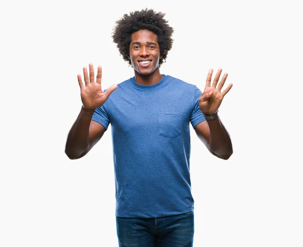 孤立した背景表示と指で上向きにアフロ アメリカ人ナンバー ナイン自信を持って 幸せな笑みを浮かべて — ストック写真