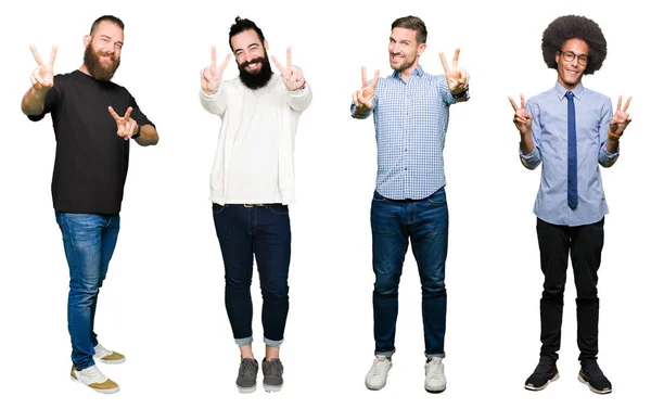 Collage Van Groep Jonge Mannen Witte Geïsoleerde Achtergrond Glimlachend Zoek — Stockfoto