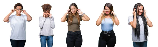 小组的年轻妇女的拼贴在被隔绝的背景覆盖耳朵与手指与愤怒的表示为大声的音乐的噪声 聋哑人的概念 — 图库照片