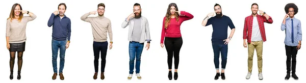 Collage Personas Sobre Fondo Blanco Aislado Señalando Con Mano Dedo —  Fotos de Stock