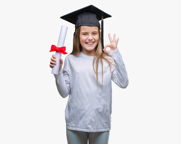 Young Beautiful Girl Wearing Graduate Cap Holding Degree Isolated Background — Stock Photo, Image