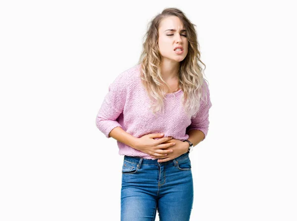 Beautiful Young Blonde Woman Isolated Background Hand Stomach Because Indigestion — Stock Photo, Image