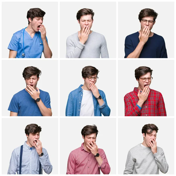 Collage Young Man White Isolated Background Bored Yawning Tired Covering — Stock Photo, Image