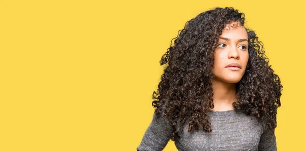 Young Beautiful Woman Curly Hair Wearing Grey Sweater Hand Stomach — Stock Photo, Image