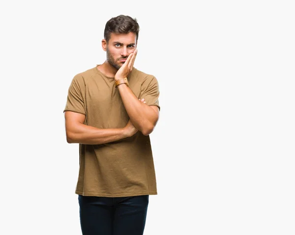 Joven Hombre Guapo Sobre Fondo Aislado Pensando Que Cansado Aburrido — Foto de Stock