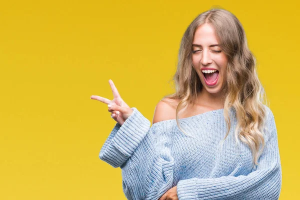 Linda Jovem Loira Vestindo Camisola Inverno Sobre Fundo Isolado Sorrindo — Fotografia de Stock