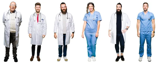 Colagem Grupo Médicos Cirurgiões Pessoas Sobre Fundo Isolado Branco Piscando — Fotografia de Stock