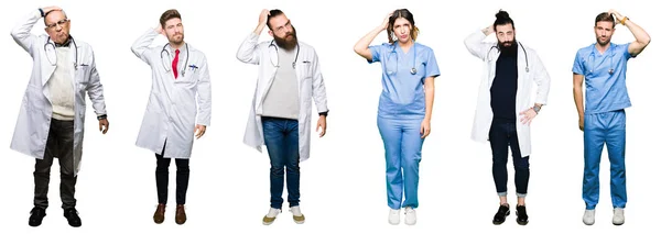 Collage Grupo Médicos Cirujanos Personas Sobre Fondo Blanco Aislado Confunden — Foto de Stock