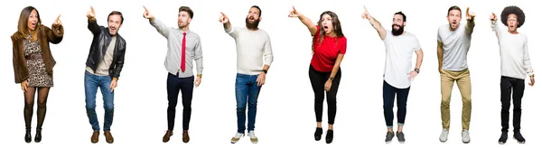 Collage People White Isolated Background Pointing Finger Surprised Ahead Open — Stock Photo, Image