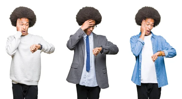 Colagem Jovem Com Cabelo Afro Sobre Fundo Isolado Branco Olhando — Fotografia de Stock