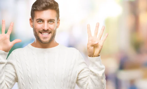 Giovane Bell Uomo Che Indossa Maglione Invernale Sfondo Isolato Mostrando — Foto Stock