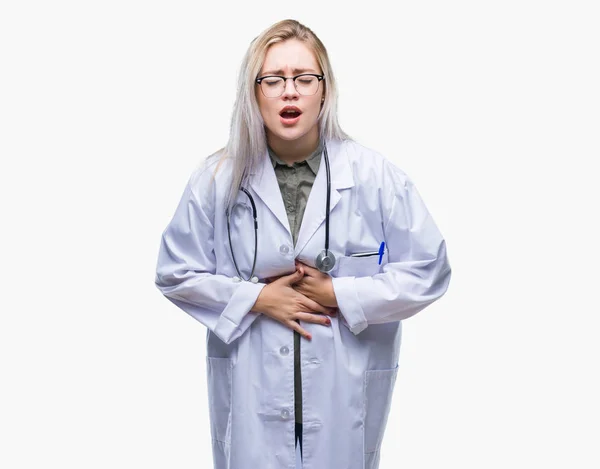 Young Blonde Doctor Woman Isolated Background Hand Stomach Because Indigestion — Stock Photo, Image