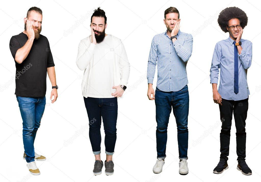 Collage of group of young men over white isolated background touching mouth with hand with painful expression because of toothache or dental illness on teeth. Dentist concept.