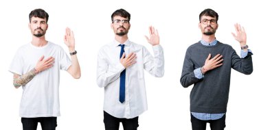 Kolaj izole arka plan üzerinde genç adamın göğüs ve bir sadakat sözü yemin yapma avuç, el ile küfür