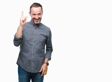 Orta yaş başarılı fikirle parmağı yukarıyı izole arka plan üzerinde ağarmış komuta sizde. Çıktıktan ve mutlu. Bir numara.