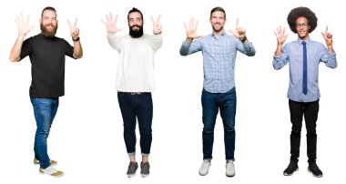 Kolaj bir grup genç adam gösterilen ve parmakları ile işaret beyaz izole arka plan üzerinde kendinden emin ve mutlu gülümseyerek süre yedi numara.