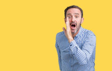 Yakışıklı orta yaş zarif komuta sizde izole arka plan üzerinde el gizli söylenti söylüyor Ağızdan kötü amaçlı konuşma konuşma fısıldayan